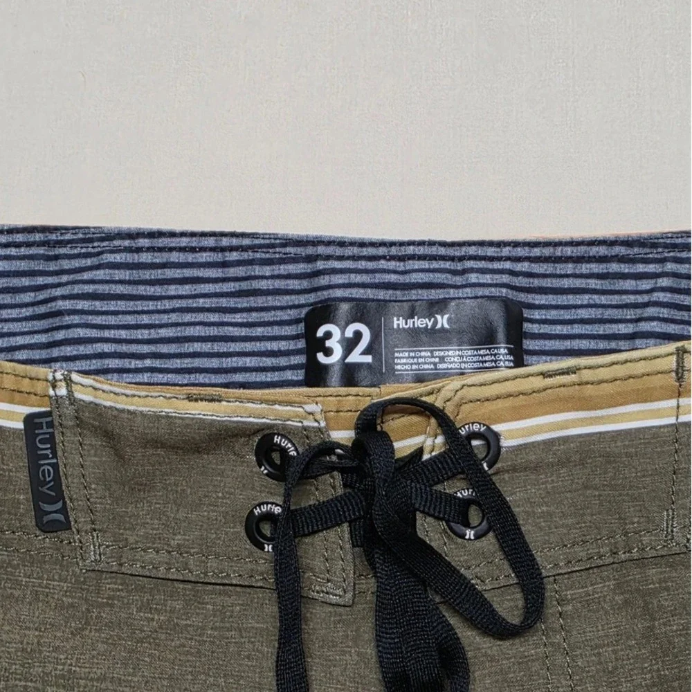 Hurley Mens Board Shorts Size 32 Olive Green Striped Surf Swim Trunks Drawstring